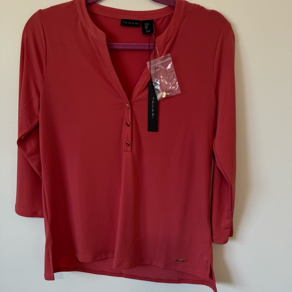 Elie Tahari Statement Three Quarter Sleeve Blouse in Rose Pink